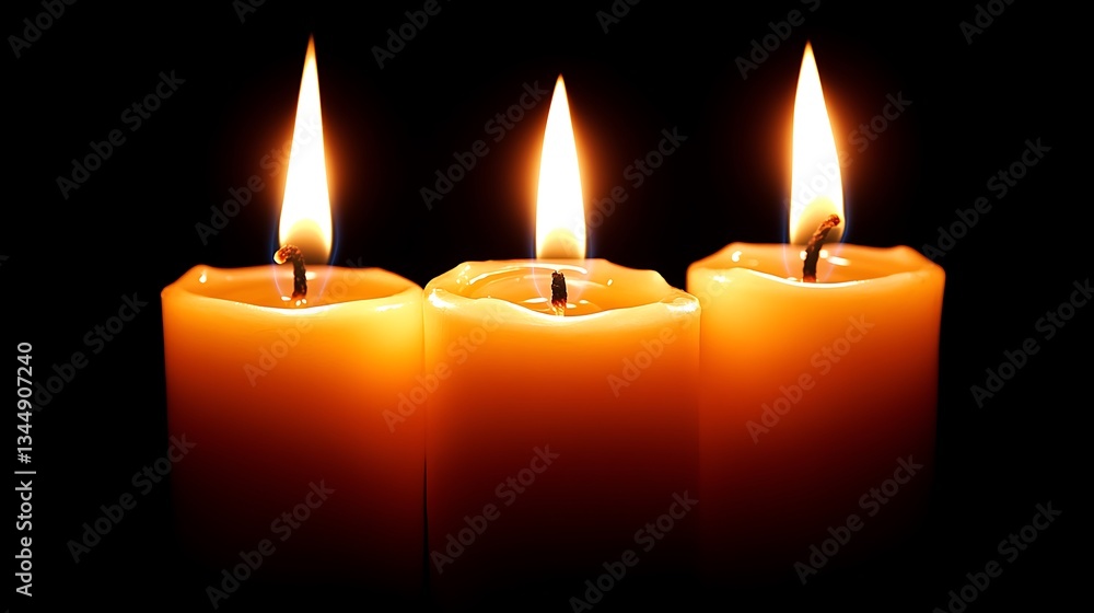 Three lit candles brightly glowing against a dark backdrop Three lit candles brightly glowing against a dark backdrop