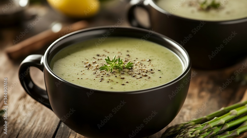 decorated asparagus soup with bread and creamy texture decorated asparagus soup with bread and creamy texture
