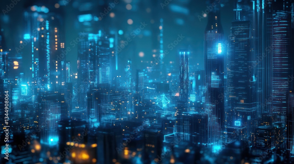 Futuristic city skyline with digital overlay Futuristic city skyline with digital overlay
