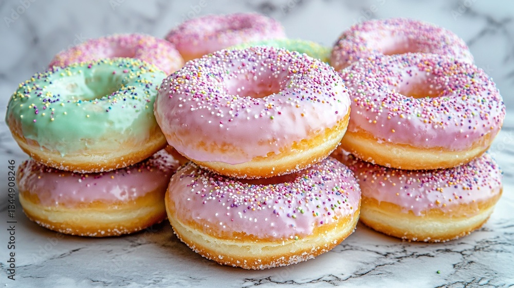 White marble countertop, a close-up of sprinkled doughnuts White marble countertop, a close-up of sprinkled doughnuts
