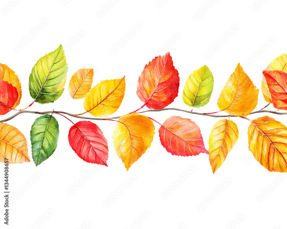 Obraz premium Autumn leaves watercolor painting, vibrant red, yellow, and green foliage on a branch. Transparent background, perfect for design projects, PNG