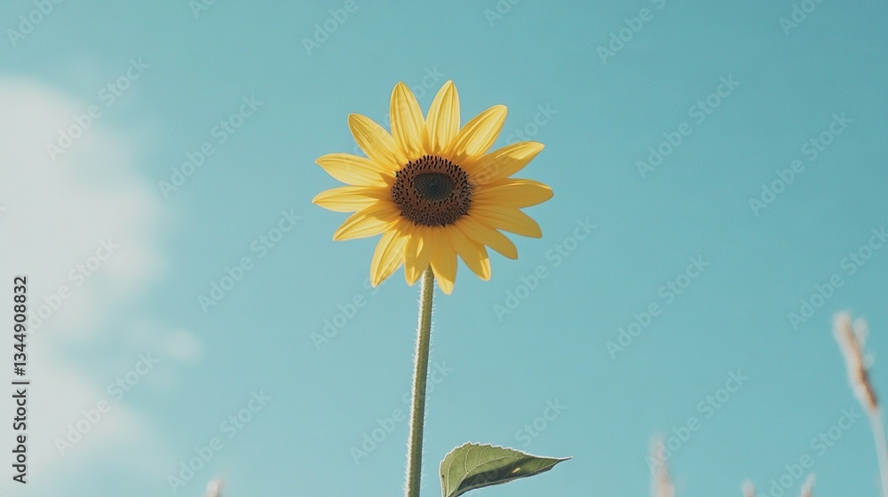 Fototapeta premium Sunflower in tall grass with blue sky