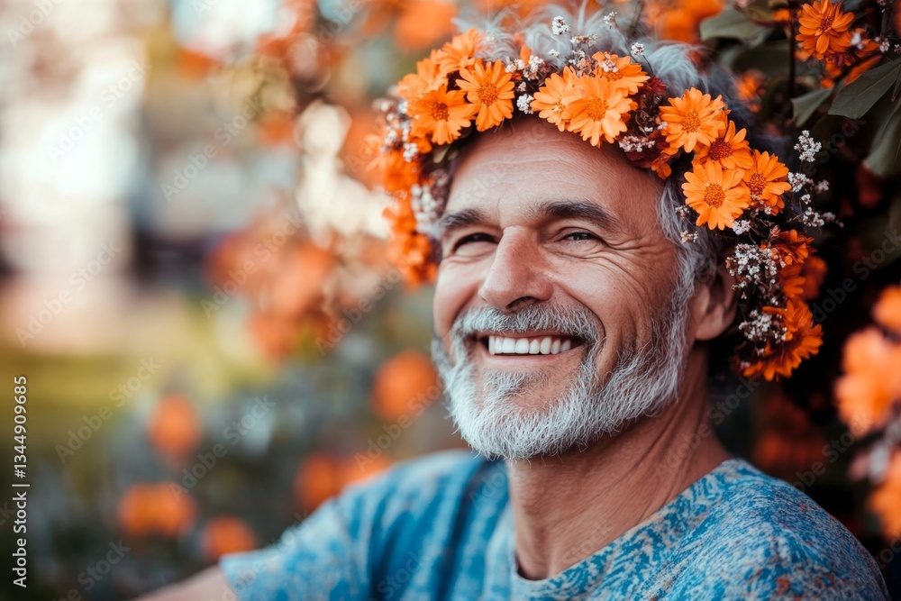 Handsome mixed-race old man wearing orange flower circlet on his head. Sunny daylight. Symbol of a happy warm season. Man enjoying flower-filled surroundings. Handsome guy with nature vibes. Handsome mixed-race old man wearing orange flower circlet on his head. Sunny daylight. Symbol of a happy warm season. Man enjoying flower-filled surroundings. Handsome guy with nature vibes.