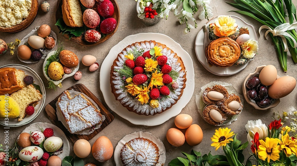 Top Down View of an Easter Brunch Spread with Colorful Treats Top Down View of an Easter Brunch Spread with Colorful Treats