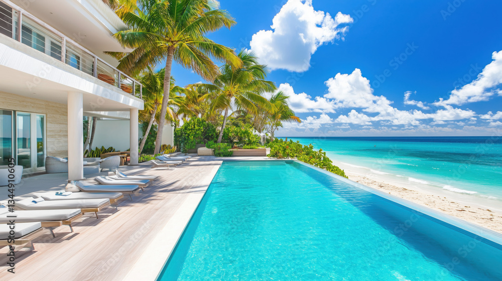 Fototapeta premium Stunning Luxury Swimming Pool at Beachfront with Incredible Ocean View and Comfortable Deck Chairs Under the Sun