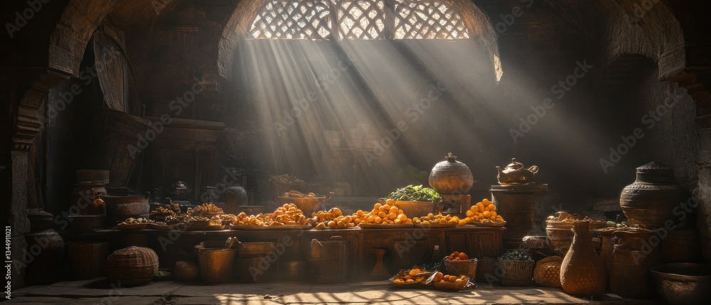 Obraz premium Sunlight Illuminates Display of Foodstuffs Within A Stone Structure