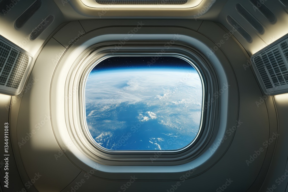 Window view of Earth from a space habitat showing clouds and sea under sunlight Window view of Earth from a space habitat showing clouds and sea under sunlight