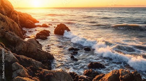 Wallpaper Mural Rocky Coastline with Waves Crashing at Sunset Over Golden Horizon Torontodigital.ca