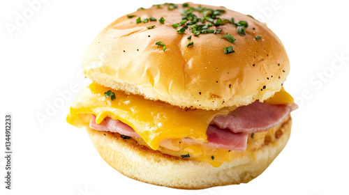 Breakfast slider with ham and cheese isolated on white background --ar 16:9