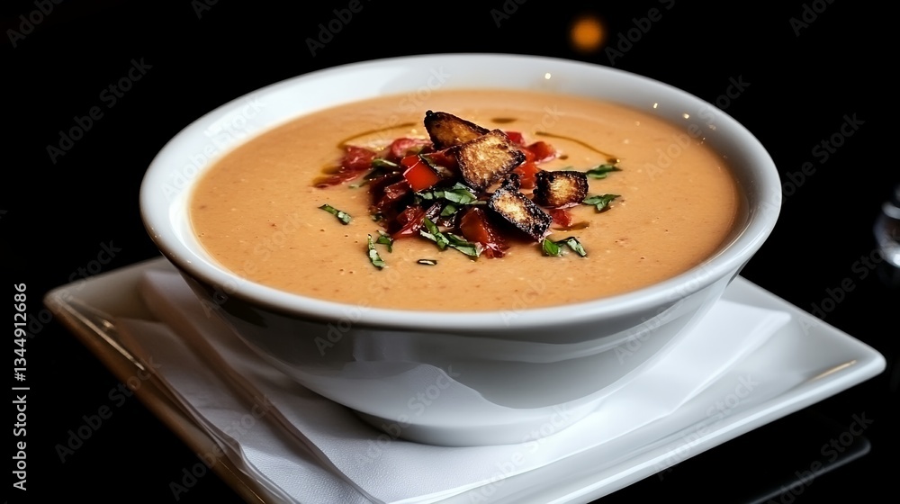 red pepper bisque in a textured ceramic bowl red pepper bisque in a textured ceramic bowl