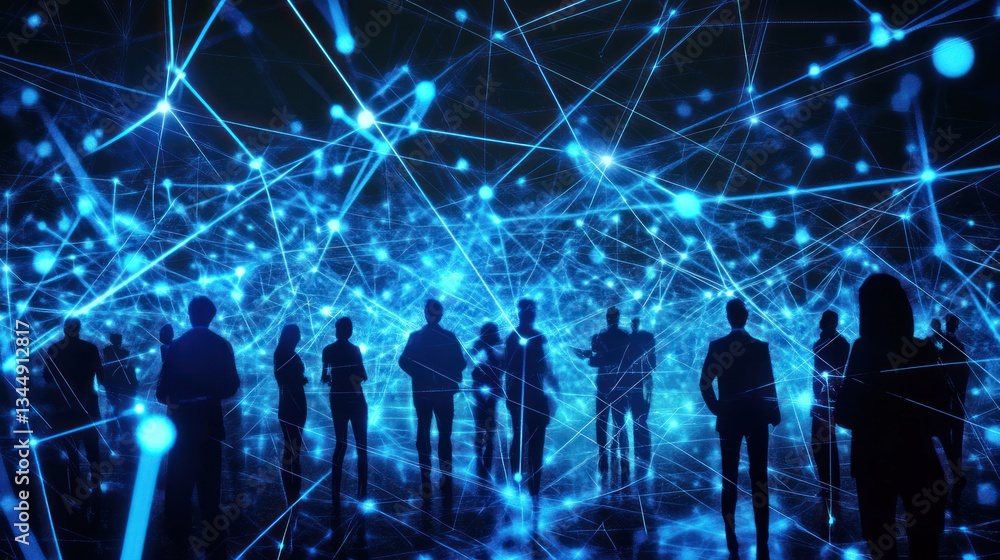 Fototapeta premium Silhouettes of people in a network. Abstract digital connections. Stock photo. Possible use technology, business, communication