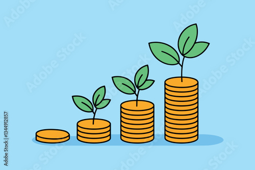 Stack of coins with plants, concept of profitability and business