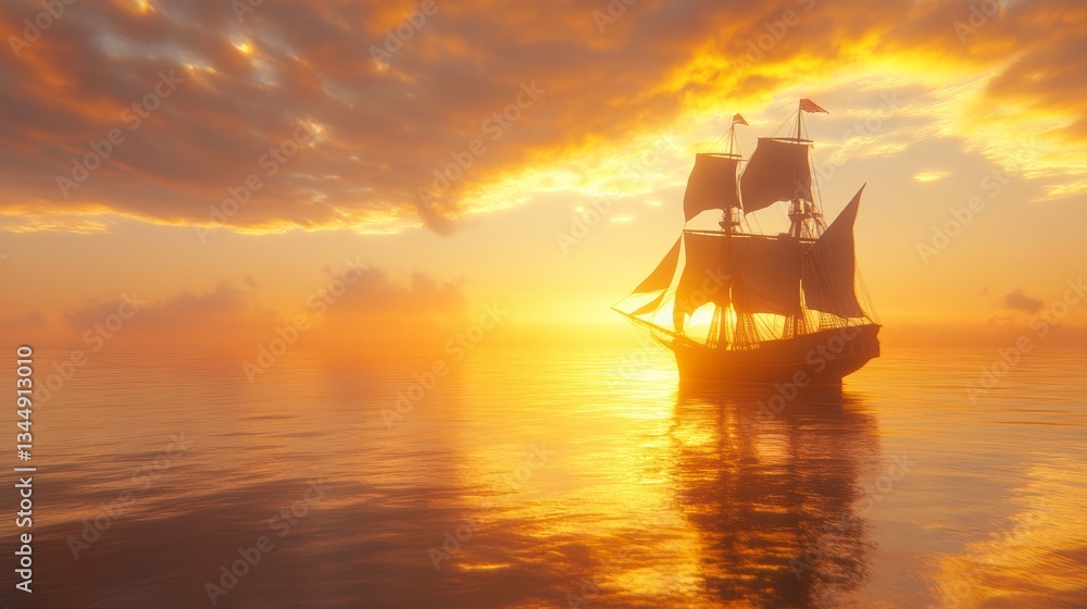 Obraz premium Golden Sunset, Sailing Ship, Calm Ocean, Epic Scene, Stock Photo