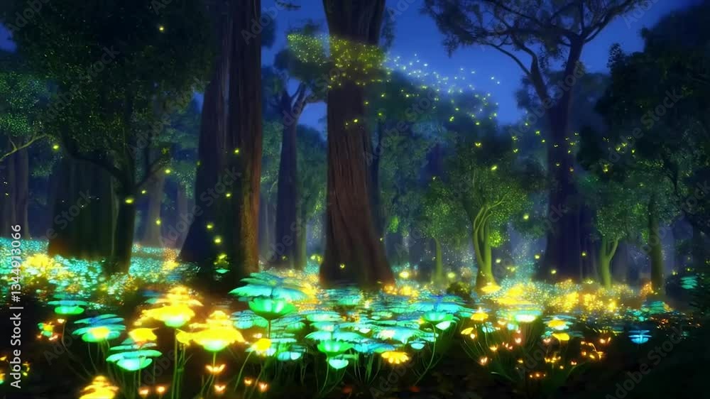 Enchanted fairy tale forest with glowing plants and magical fireflies at dusk.
