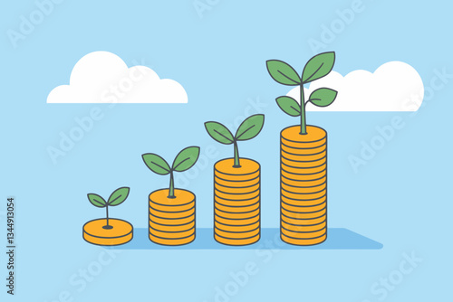 Stack of coins with plants, concept of profitability and business