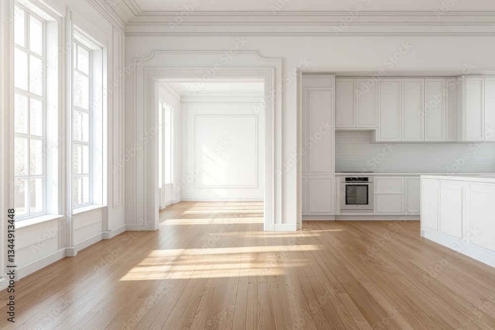 Fototapeta premium Elegant classic interior space with natural light and modern kitchen design for advertising layout