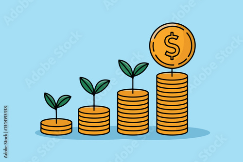 Stack of coins with plants, concept of profitability and business