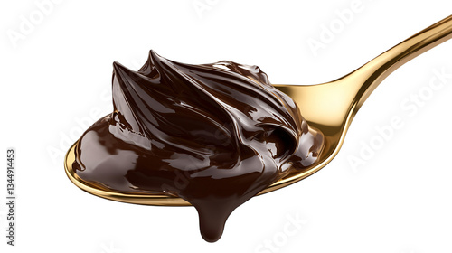 Chocolate cream on golden spoon isolated on transparent background --ar 16:9