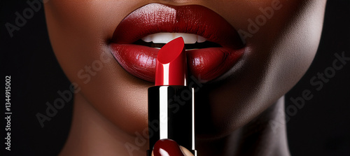 Unos labios de mujer negra pintados de rojo tentación con un lápiz labial en la mano
