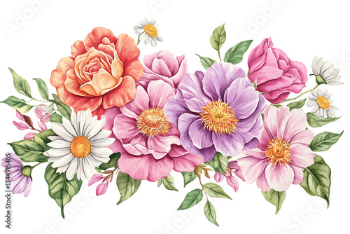 Vibrant watercolor floral arrangement with pink, purple, orange roses and daisies.  Isolated on transparent background, PNG
