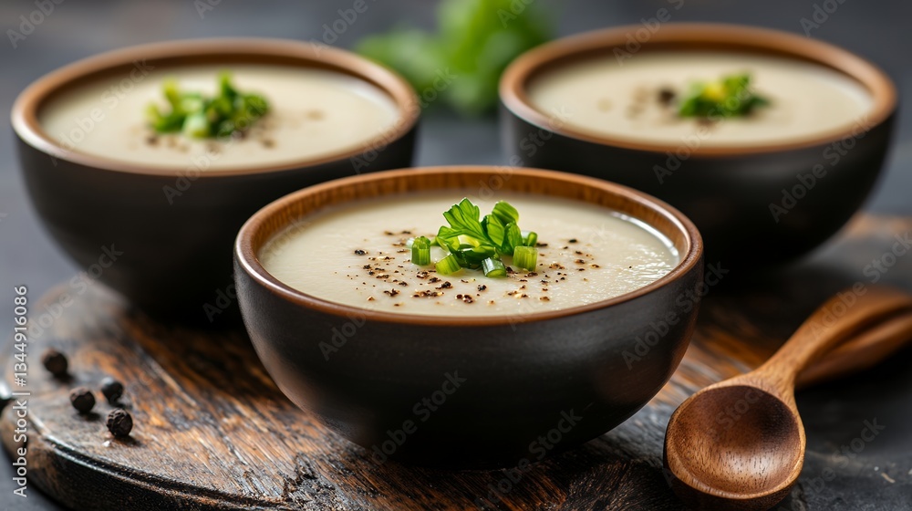 cauliflower cream soup with garnish on rustic wood surface cauliflower cream soup with garnish on rustic wood surface