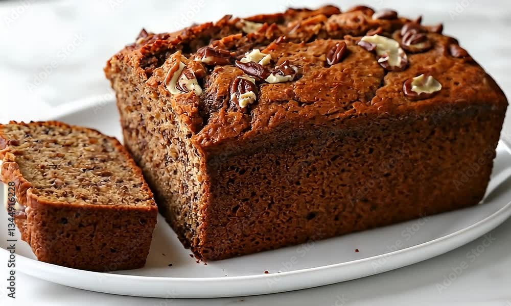 Freshly Baked Bread Loaf Topped with Nuts and Placed on a White Plate with a Slice Cut Off, Highlighting Home Baking Skills and Texture Freshly Baked Bread Loaf Topped with Nuts and Placed on a White Plate with a Slice Cut Off, Highlighting Home Baking Skills and Texture