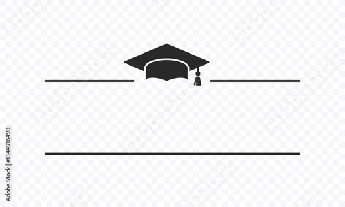 Graduate college, high school or university cap icon isolated on transparent background. Vector degree ceremony hat with line stroke border. Black educational student symbol and blank frame