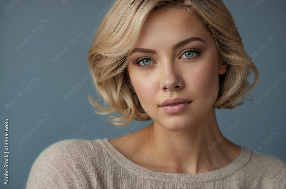Elegant Woman with Short Blonde Bob and Natural Makeup, Professional Portrait on Muted Blue Background Elegant Woman with Short Blonde Bob and Natural Makeup, Professional Portrait on Muted Blue Background