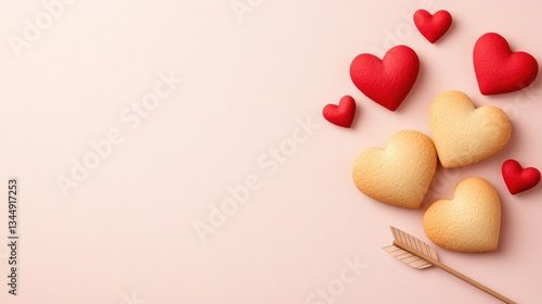 A collection of colorful heart-shaped decorations rests against a soft pink background, ideal for romantic themes, Valentine's Day promotions, or love-related events,