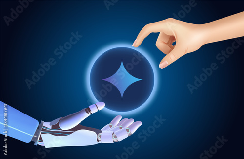 Artificial intelligence and people, interaction of the future, technical progress, robotic hand. New network
