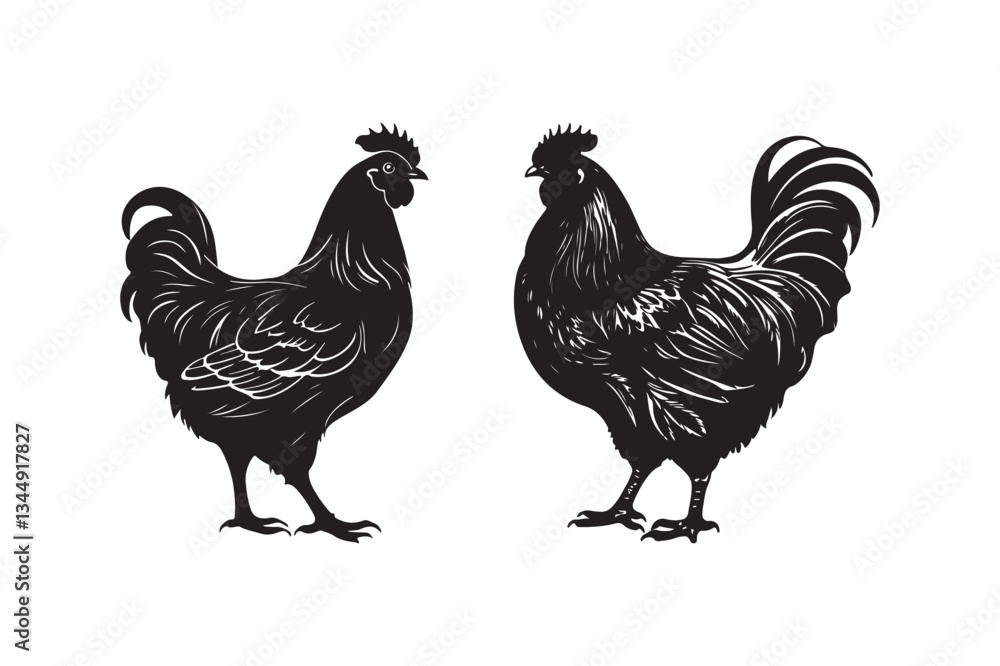 Fototapeta premium Black Silhouette Chicken Vector Rooster and Hen Clipart Farm Poultry Illustration