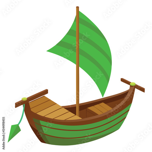 Picturesque Wooden Boat Sailing Gracefully with Emerald Green Sail