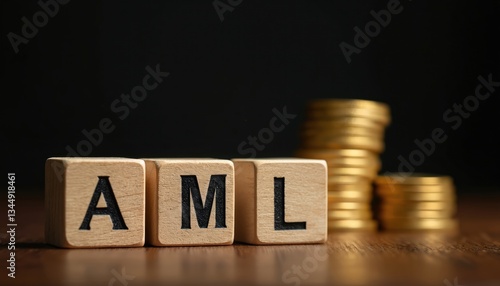 Photo shows wooden blocks with AML Anti Money Laundering inscription. Gold coins symbolize capital. Preventing money laundering, combating corruption, fighting financial crime in global economy,