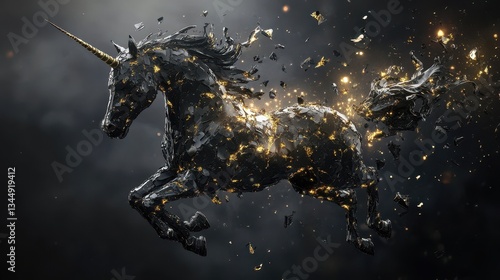 A black and gold unicorn is disintegrating in particles