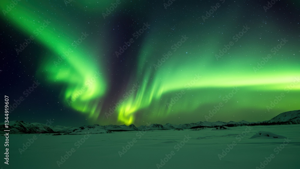 Naklejka premium Stunning display of the northern lights over a snowy landscape.