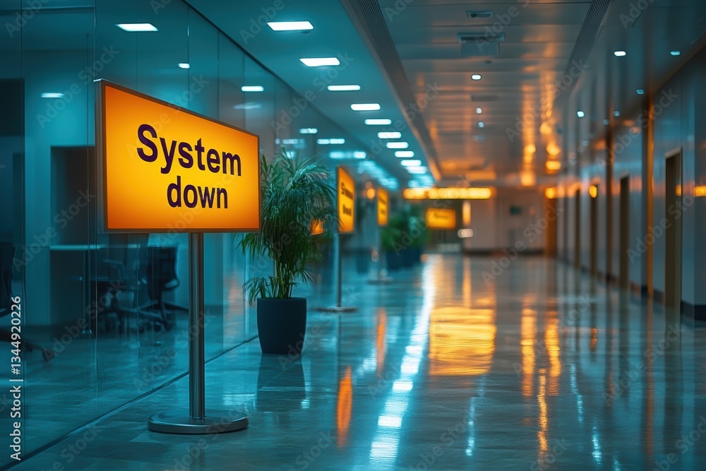 Fototapeta premium Graphic advertising layout highlighting system downtime in a modern office corridor