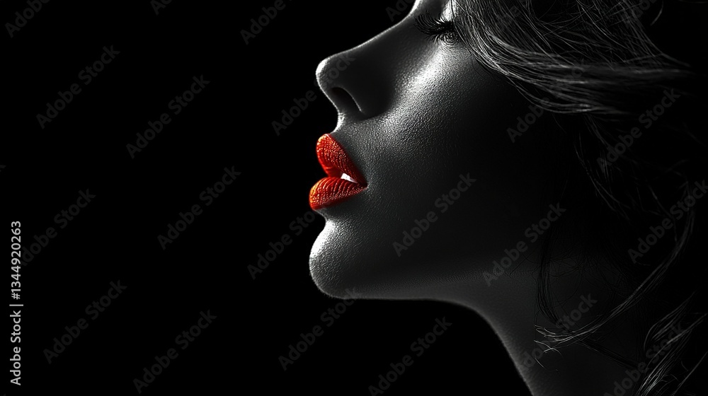 A woman with a bold red lip on a dark background A woman with a bold red lip on a dark background
