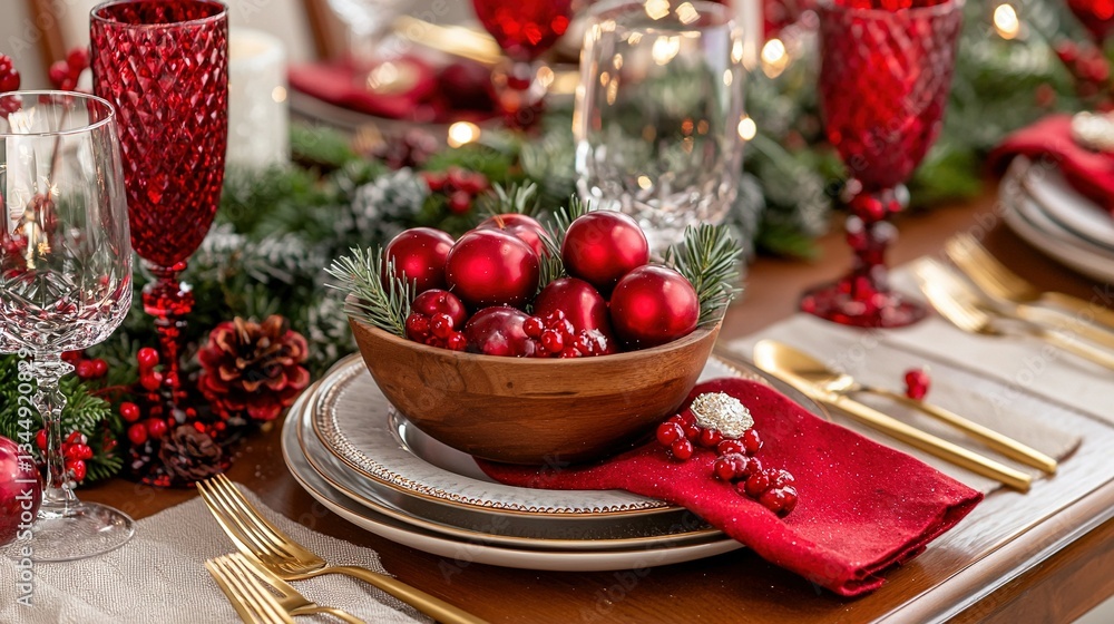 A bowl filled with ornaments sits on a table next to napkin and silverware A bowl filled with ornaments sits on a table next to napkin and silverware
