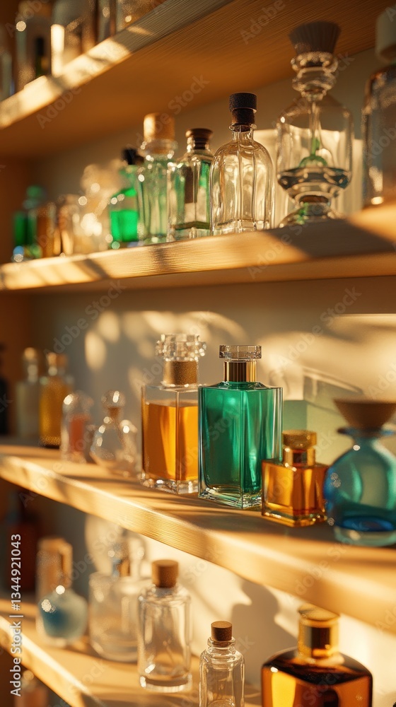 Beautiful glass perfume bottles displayed neatly on wooden shelves Beautiful glass perfume bottles displayed neatly on wooden shelves