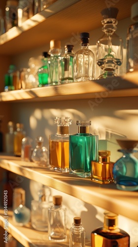 Beautiful glass perfume bottles displayed neatly on wooden shelves