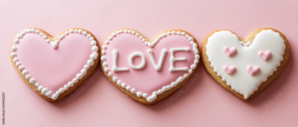 Three decorated heart shaped cookies displayed on a pink surface Three decorated heart shaped cookies displayed on a pink surface