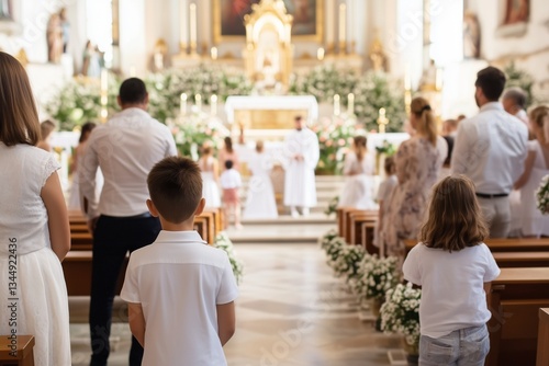 Children in White Attire Attending a Catholic Mass in a Decorated Church