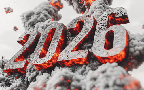 Obraz na płótnie Duże cyfry 2026 rok w płomieniach, Szary dym i wybuchy za napisami 2026 w salonie