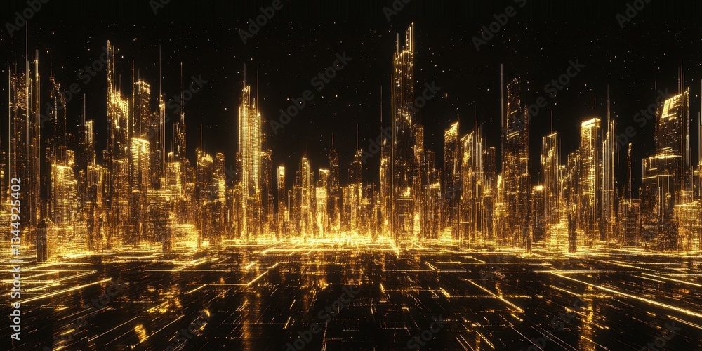 Fototapeta premium A futuristic golden city with illuminated buildings and details