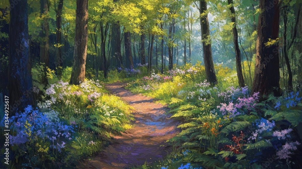 Obraz premium Serene Forest Pathway with Vibrant Greenery and Colorful Wildflowers Under Sunny Skies