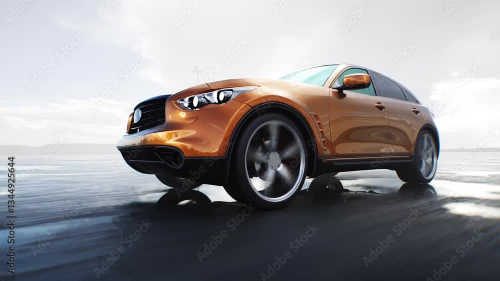 Luxury suv car very fast driving on desert stone highway. Business concept. Luxury suv car very fast driving on desert stone highway. Business concept.