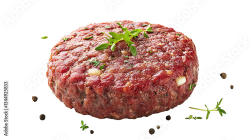 Fresh raw burger patty isolated on white background --ar 16:9