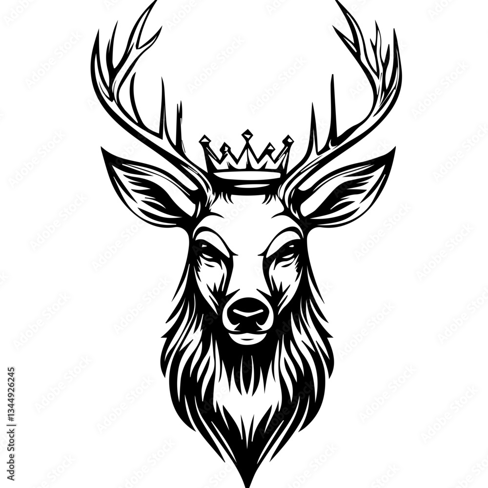 Fototapeta premium Monochrome Graphic of a Crowned Stag Head with Prominent Antlers