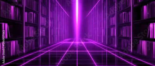 Lit Purple Library With Books And Geometric Neon Lines