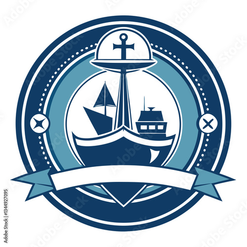 Vintage Nautical Emblem with Stamped Boat and Maritime Elements